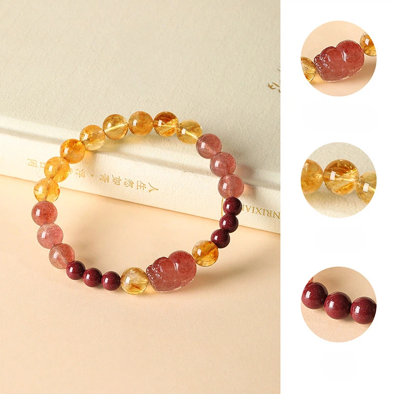 Natural Citrine & Strawberry Quartz Pixiu Bracelet, Fortune BFF Gift for Women