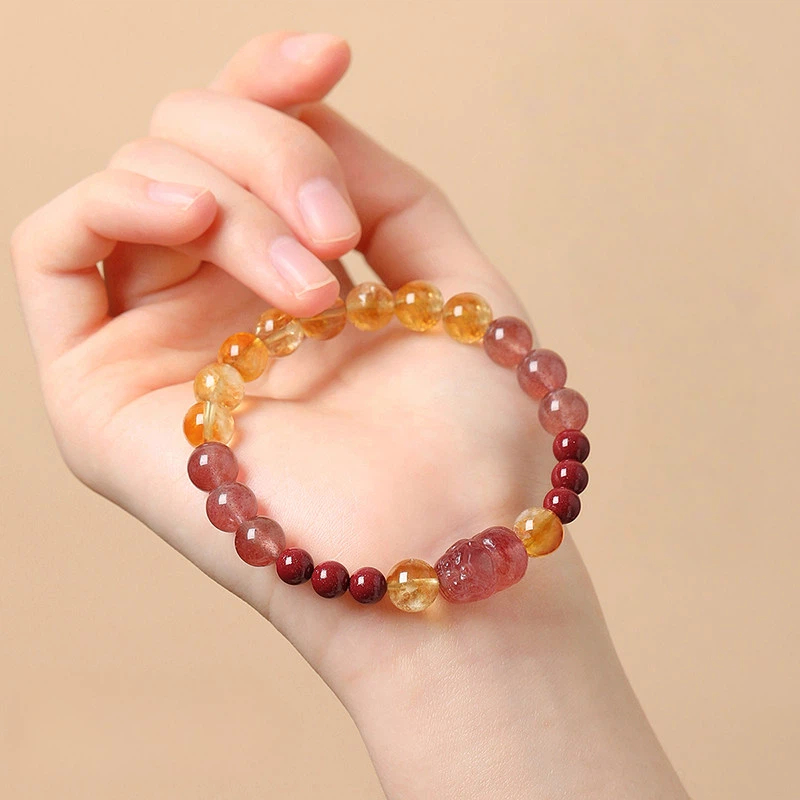 Natural Citrine & Strawberry Quartz Pixiu Bracelet, Fortune BFF Gift for Women
