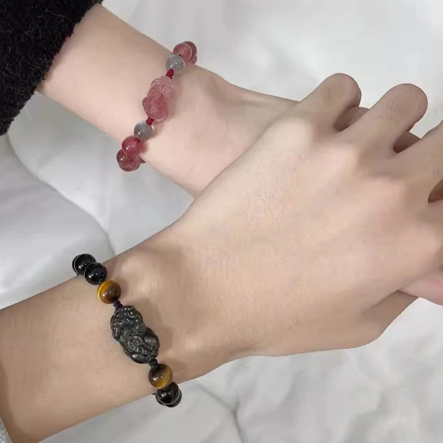 Natural Strawberry Quartz & Gold Obsidian Pixiu Couple Bracelet Set, Textured Memorial Crystal Jewelry Gift for Boyfriend
