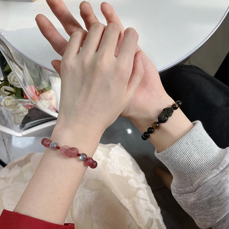Natural Strawberry Quartz & Gold Obsidian Pixiu Couple Bracelet Set, Textured Memorial Crystal Jewelry Gift for Boyfriend
