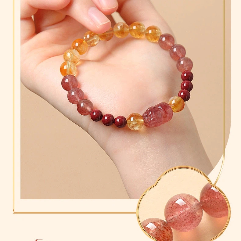 Natural Citrine & Strawberry Quartz Pixiu Bracelet, Fortune BFF Gift for Women