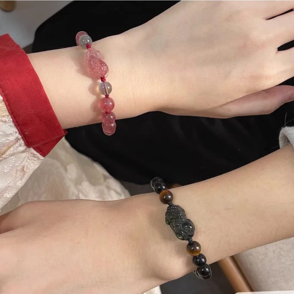 Natural Strawberry Quartz & Gold Obsidian Pixiu Couple Bracelet Set, Textured Memorial Crystal Jewelry Gift for Boyfriend