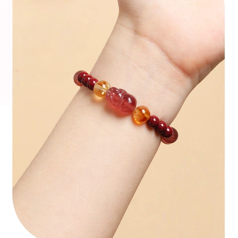 Natural Citrine & Strawberry Quartz Pixiu Bracelet, Fortune BFF Gift for Women