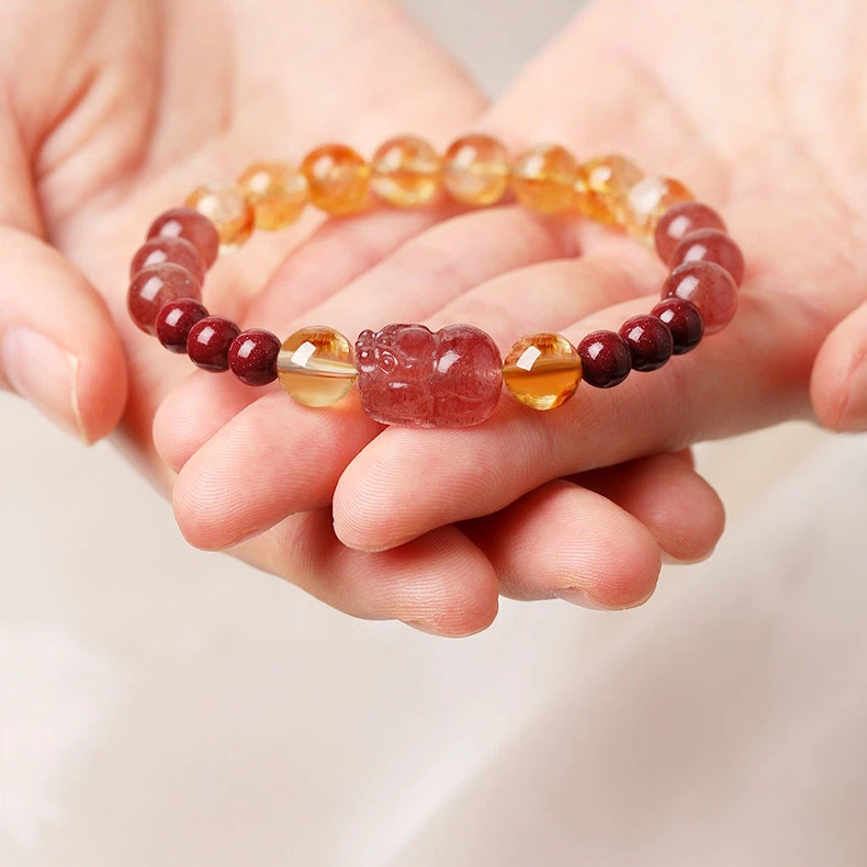 Natural Citrine & Strawberry Quartz Pixiu Bracelet, Fortune BFF Gift for Women