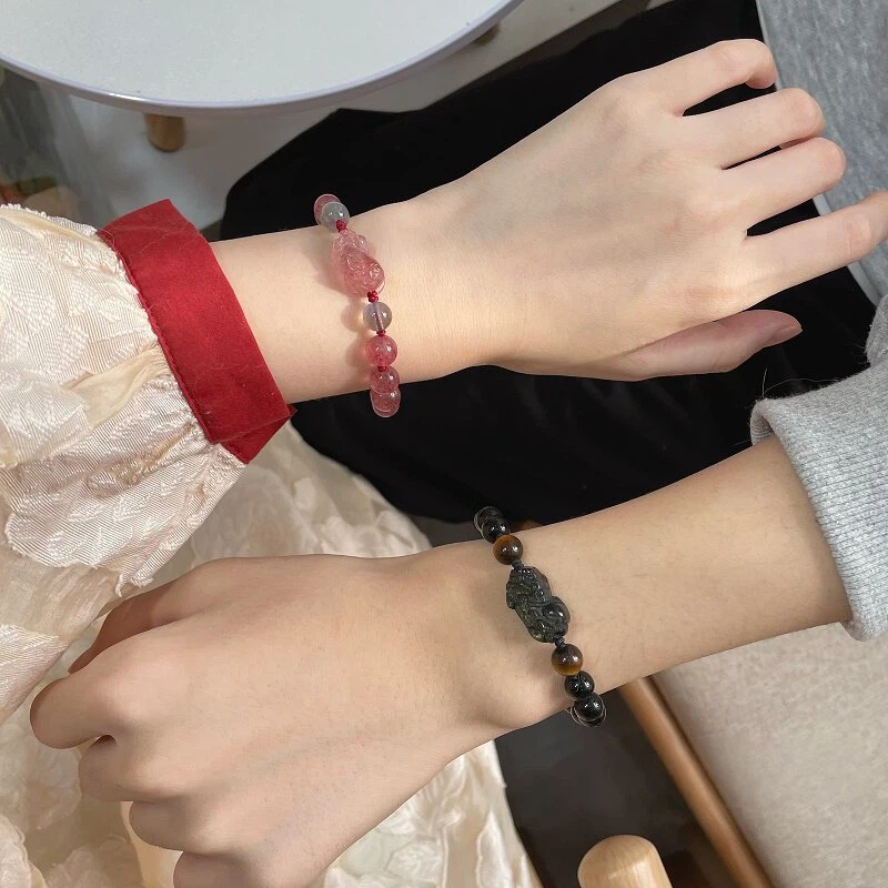 Natural Strawberry Quartz & Gold Obsidian Pixiu Couple Bracelet Set, Textured Memorial Crystal Jewelry Gift for Boyfriend