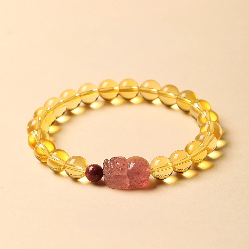 Natural Citrine & Strawberry Quartz Pixiu Bracelet, Fortune BFF Gift for Women