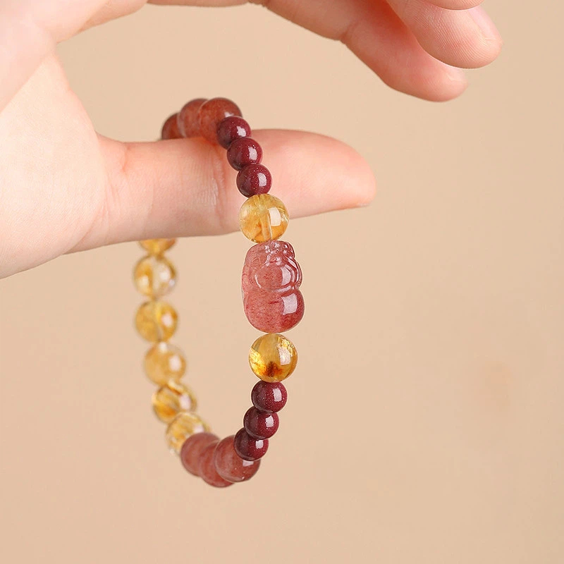 Natural Citrine & Strawberry Quartz Pixiu Bracelet, Fortune BFF Gift for Women