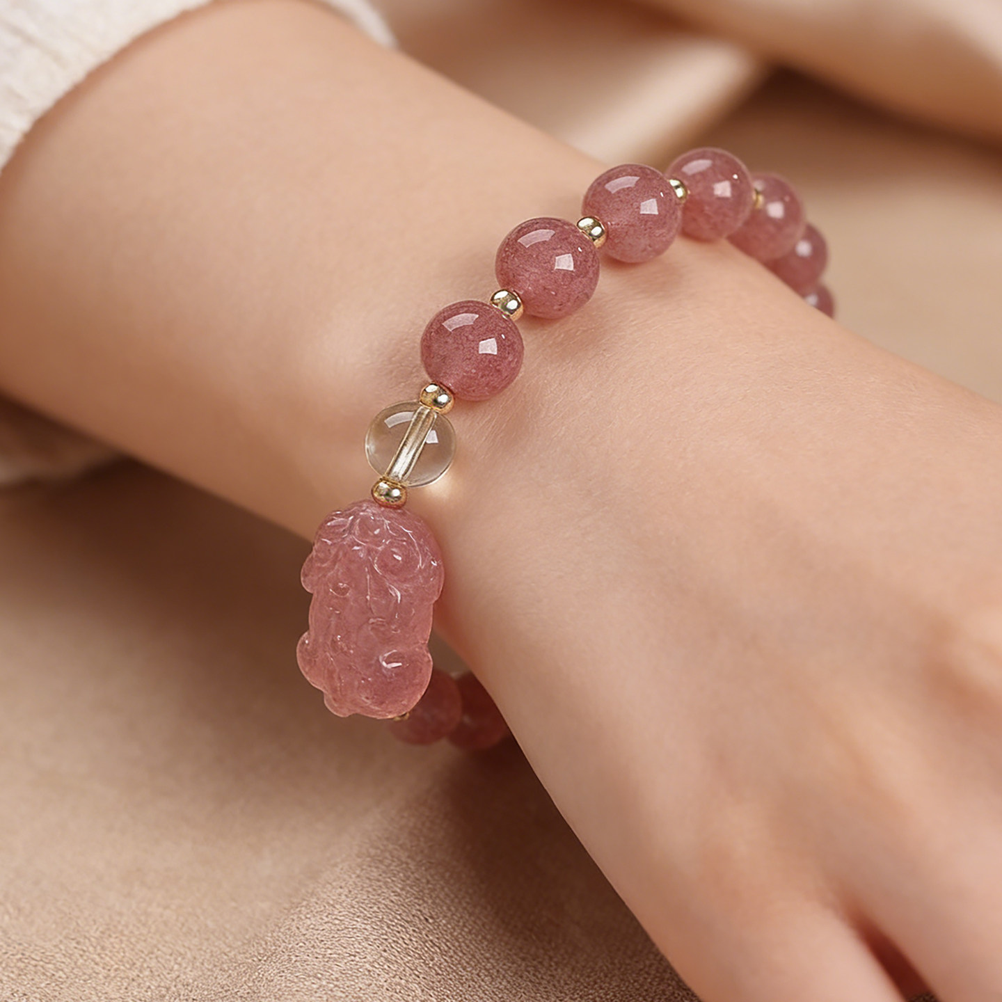 Strawberry Quartz Pixiu Bracelet, Wealth & Romance, Skin Brightening Couple Gift for Women